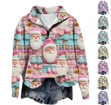 Рождественские толстовки для женщин, милый рождественский свитшот с 3D графическим принтом, большой пуловер на молнии с длинными рукавами и круглым вырезом, топы L синий