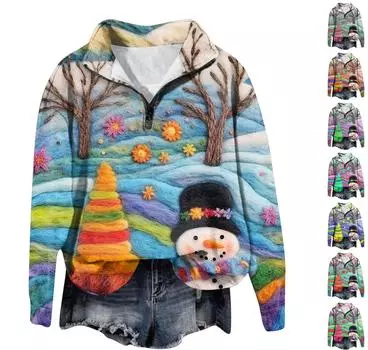 Рождественские толстовки для женщин, милый рождественский свитшот с 3D графическим принтом, большой пуловер на молнии с длинными рукавами и круглым вырезом, топы XXXL