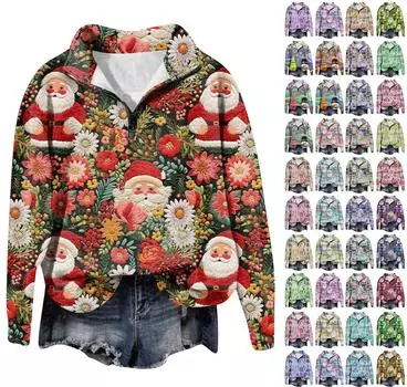 Рождественские толстовки для женщин, милый рождественский свитшот с 3D графическим принтом, большой пуловер на молнии с длинными рукавами и круглым вырезом, топы XXXL синий