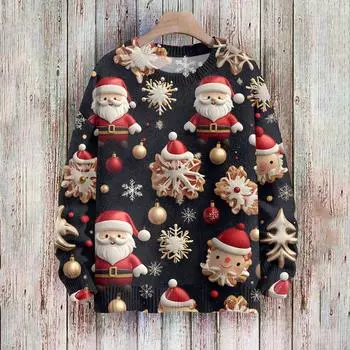 Рождественские толстовки для женщин Вязаный свитер Милая рубашка Осенний свитер с круглым вырезом Топы L чёрный