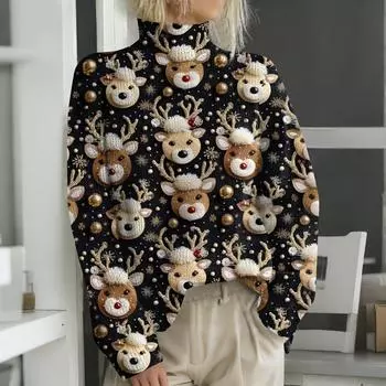 Рождественские толстовки для женщин Вязаный свитер Милая рубашка Осенняя водолазка Пуловер Топы L чёрный