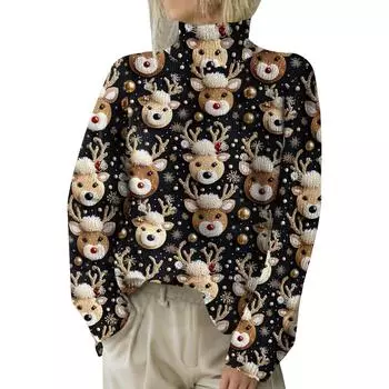 Рождественские толстовки для женщин Вязаный свитер Милая рубашка Осенняя водолазка Пуловер Топы L