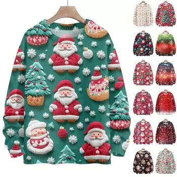 Рождественские толстовки для женщин Вязаный свитер Милая рубашка Осенний свитер с круглым вырезом Топы XXXL зелёный