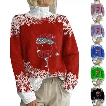 Рождественские толстовки для женщин Вязаный свитер Милая рубашка Осенняя водолазка Пуловер Топы S синий