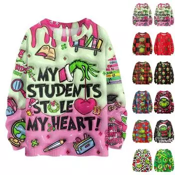 Рождественские толстовки для женщин Вязаный свитер Милая рубашка Осенний свитер с круглым вырезом Топы L армия зеленый