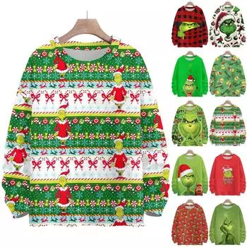 Рождественские толстовки для женщин Вязаный свитер Милая рубашка Осенний свитер с круглым вырезом Топы L армия зеленый