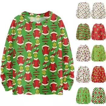 Рождественские толстовки для женщин Вязаный свитер Милая рубашка Осенний свитер с круглым вырезом Топы L армия зеленый