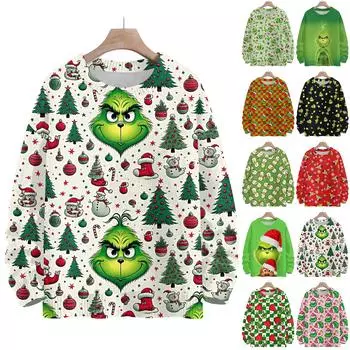 Рождественские толстовки для женщин Вязаный свитер Милая рубашка Осенний свитер с круглым вырезом Топы L армия зеленый