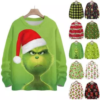 Рождественские толстовки для женщин Вязаный свитер Милая рубашка Осенний свитер с круглым вырезом Топы L армия зеленый