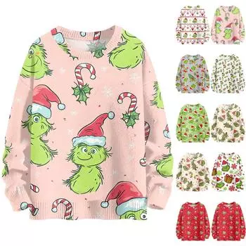 Рождественские толстовки для женщин Вязаный свитер Милая рубашка Осенний свитер с круглым вырезом Топы L армия зеленый