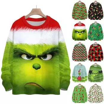 Рождественские толстовки для женщин Вязаный свитер Милая рубашка Осенний свитер с круглым вырезом Топы L армия зеленый