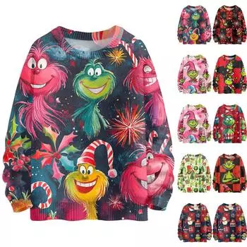 Рождественские толстовки для женщин Вязаный свитер Милая рубашка Осенний свитер с круглым вырезом Топы XXXL розовый