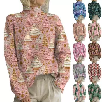 Рождественские толстовки для женщин Вязаный свитер Милая рубашка Осенняя водолазка Пуловер Топы L синий