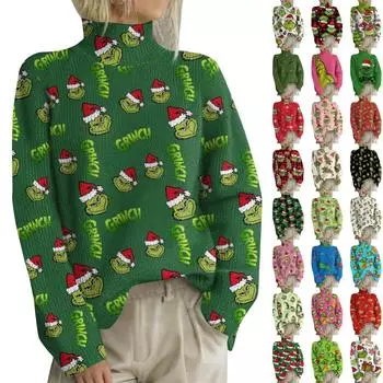 Рождественские толстовки для женщин Вязаный свитер Милая рубашка Осенняя водолазка Пуловер Топы XXL