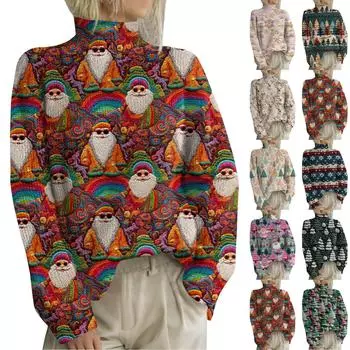 Рождественские толстовки для женщин Вязаный свитер Милая рубашка Осенняя водолазка Пуловер Топы L армия зеленый