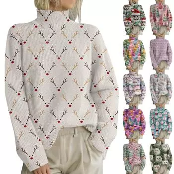 Рождественские толстовки для женщин Вязаный свитер Милая рубашка Осенняя водолазка Пуловер Топы L армия зеленый