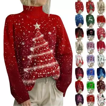 Рождественские толстовки для женщин Вязаный свитер Милая рубашка Осенняя водолазка Пуловер Топы L