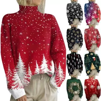Рождественские толстовки для женщин Вязаный свитер Милая рубашка Осенняя водолазка Пуловер Топы XXL чёрный