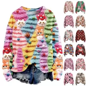 Рождественские толстовки для женщин Вязаный свитер Милая рубашка Осенний свитер с круглым вырезом Топы XXXXXL хаки