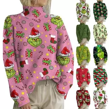 Рождественские толстовки для женщин Вязаный свитер Милая рубашка Осенняя водолазка Пуловер Топы L