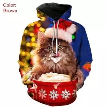 Рождественские толстовки с капюшоном для мужчин, повседневный свободный свитер с принтом в виде милого животного и кошки, забавная рождественская одежда S
