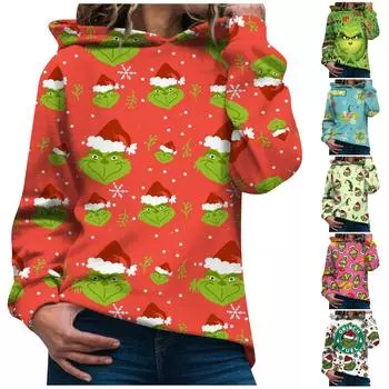 Рождественские толстовки с капюшоном для женщин, повседневный пуловер с длинными рукавами, осенне-зимняя одежда L зелёный
