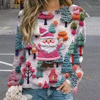 Рождественские толстовки с капюшоном для женщин с графическим принтом Merry Xmas, свитшоты с длинным рукавом и круглым вырезом, топы-пуловеры, большие толстовки с капюшоном с изображением Санта-Клауса S