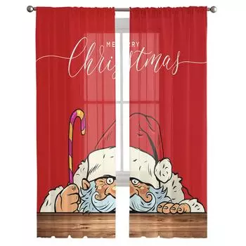 Рождественские тюлевые шторы с красным Санта-Клаусом для гостиной, кухни, Рождественский домашний декор, прозрачные шторы из вуали 135W x 114H(cm)
