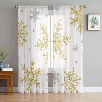Рождественские тюлевые шторы с текстурой золотой снежинки для гостиной, прозрачные занавески для спальни, оконные жалюзи, вуаль, шторы 135W x 114H(cm)