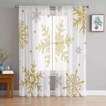Рождественские тюлевые занавески с текстурой снежинки для окон, прозрачные шторы для кухни, гостиной, спальни, украшения W135 x H114cm