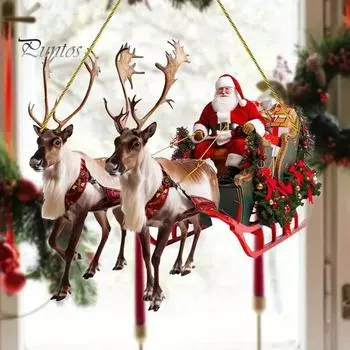 Рождественские украшения Акриловый Санта в санях Подвесное украшение 2D Плоская рождественская елка Подвеска для украшения стены, окна, автомобиля разноцветный