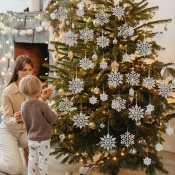 Рождественские украшения, Белые снежинки, Пластиковые блестящие снежинки, Украшения для елки One Size белый