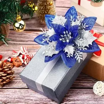 Рождественские украшения Цветы Искусственный цветок пуансеттия Поддельный для венка DIY Украшения для рождественской елки Блеск Home Navidad Decor белый