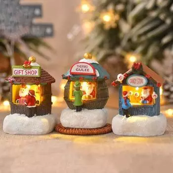 Рождественские украшения для дома в зимней деревне, мини-светящийся рождественский магазин с настольной фигуркой Санты из смолы, праздничный домашний декор B