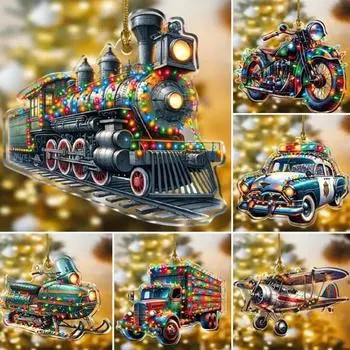 Рождественские украшения для грузовиков, акриловая подвеска в виде автомобиля и самолета, двухсторонняя плоская 2D-елка, подвесное украшение для праздничной елки, домашний декор A