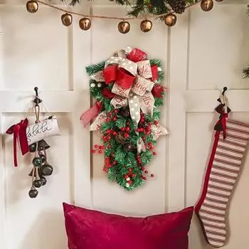 Рождественские украшения для лестницы, венок для входной двери, искусственная зимняя гирлянда с лентой