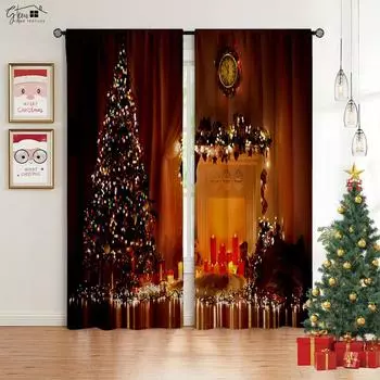 Рождественские украшения из 2 предметов, занавески для камина, рождественской елки, мультяшный принт, занавески для спальни, столовой, украшения для вечеринки W50xH130(CM)x2PCS&Grommet Top