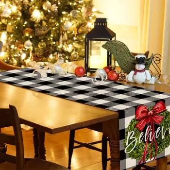 Рождественские украшения Клетчатая дорожка для стола Сезонные новогодние украшения Праздничный фермерский дом Крытый винтажный тематический стол для вечеринок Флаги 150x33cm