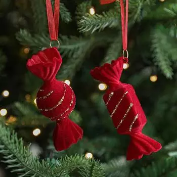 Рождественские украшения Красный Флокированный Конфетный тростник Олень Бант Снежинка Подвесное украшение для елки Домашний декор E