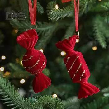 Рождественские украшения Красный Флокированный Конфетный тростник Олень Бант Снежинка Подвесное украшение для елки Домашний декор F