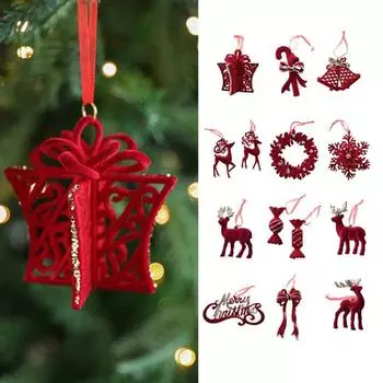 Рождественские украшения Красный Флокированный Конфетный тростник Олень Бант Снежинка Подвесное украшение для елки Домашний декор D