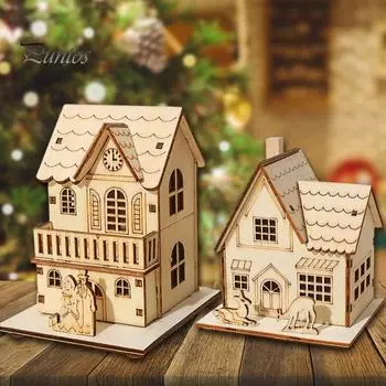 Рождественские украшения Милый олень Рождественская елка Церковь Бревенчатый домик Ремесло Настольный орнамент Миниатюрный светодиодный светящийся деревянный Рождественский дом Новогодний подарок