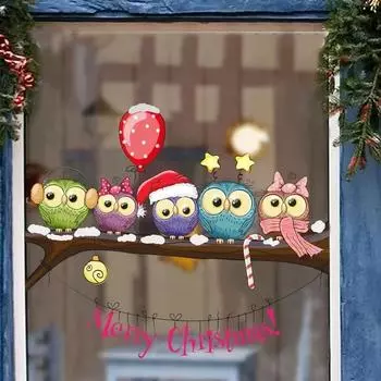 Рождественские украшения на ветках дерева Наклейки на стену с совой Мультяшные наклейки на стекло Самоклеящиеся наклейки для украшения стен дома A