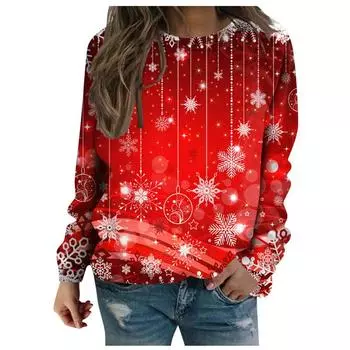 Рождественские украшения Pattern Женщины Красные футболки Осень Зима Длинные рукава 3D Снежинки Принт Женские Рождественские уличные женские топы S