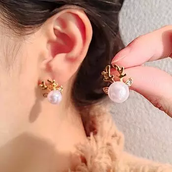 Рождественские украшения, серьги в виде рогов оленя из сплава с жемчугом и стразами, модные, популярные рождественские серьги в виде животных