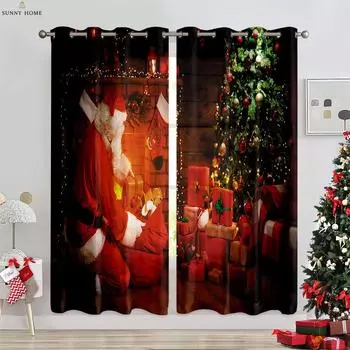 Рождественские украшения Шторы Цветные огни Санта-Клаус 3D Печать Шторы Спальня Ресторан Праздничное украшение Шторы W50xH140(CM)x2PCS&Rod pocket