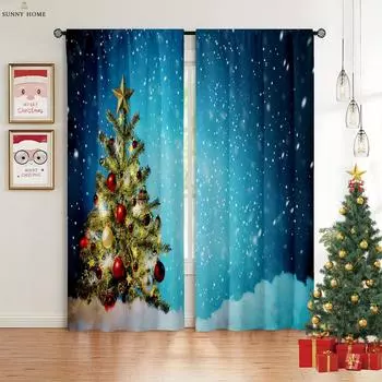 Рождественские украшения Шторы Рождественская елка Санта-Клаус Мультфильм Принт Шторы Ресторан Спальня Праздничное украшение Шторы W50xH140(CM)x2PCS&Rod pocket