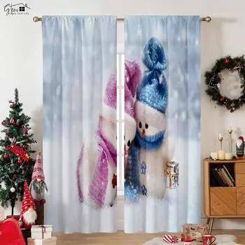 Рождественские украшения Шторы Рождественская елка Снеговик Санта-Клаус Подарок Лось Снежинки Новогодний фестиваль 3D Печать Шторы 2 шт. W50xH130(CM)x2PCS&Grommet Top