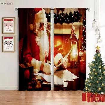 Рождественские украшения Шторы Санта-Клаус Камин Детская комната Гостиная Кабинет Окно Затемнение Теплоизоляция Шторы W100xH130(CM) folio&Rod pocket