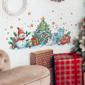 Рождественские украшения Снеговик Рождественская елка Подарочная коробка Спальня Гостиная Кабинет Фон Ландшафтный дизайн Наклейки на стену 39*90CM/fun-h9